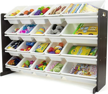 Humble Crew Extra-Large Toy Organizer with 20 Plastic Bins – White/Espresso Storage Rack with 4-Tier Shelves, Anti-Tip Safety, for Kids’ Rooms, Playrooms, Nurseries & Classrooms