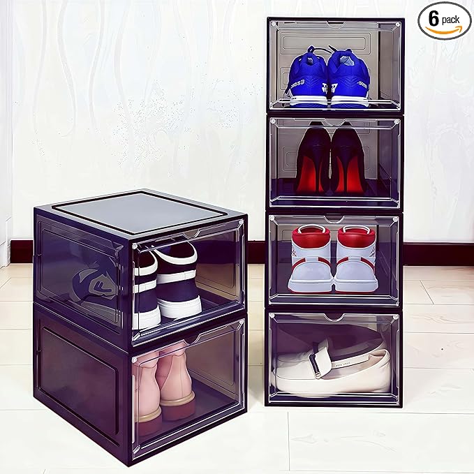 JECCICHY 6 Pack Shoe Organizer for Closet, Shoe Storage Container with Lids, Shoe Box Clear Plastic Stackable, Thick Hard Polypropylene, Drop Front Door, US Size 13