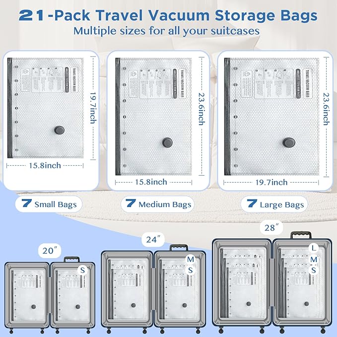SORON 21 Pack Vacuum Seal Bags for Clothing Travel, Travel Vacuum Storage Bags with Rechargeable air Pump, Carry-on Size Compression for Luggage and Suitcases, Space Saver for Clothes