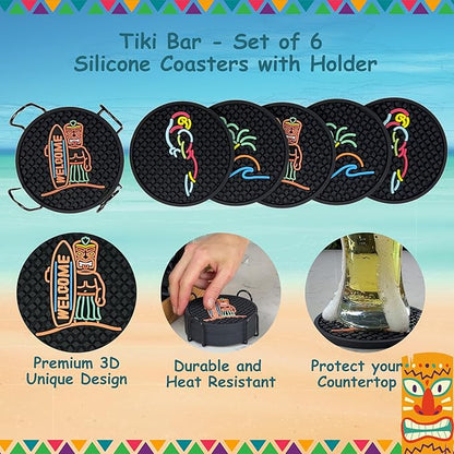 Tiki Bar Coasters Set of 6 with Holder, Tiki Bar Decor Silicone Coasters with Surfboard Warrior, Wave & Palm Tree and Parrot Designs, Hawaiian Decor Black Coasters, Outdoor Tiki Bar Rubber Decorations