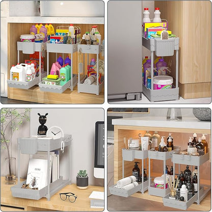 3 Pack Under Sink Organizers, 2-Tier Multi-Use Kitchen and Bathroom Organizers and Storage with Sliding Drawers，Bathroom Cabinet Organizer (Gray, 14.8 Inch)