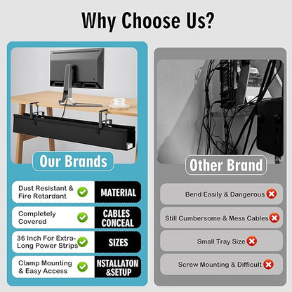 Desk Cable Management Tray, Fabric Cable Organizer, No Drill Large Clamp/Screw Mount Wire Organizer-Support Up to 30lbs, Standing Desk Cable Management for Office Home (Black,36 Inch)