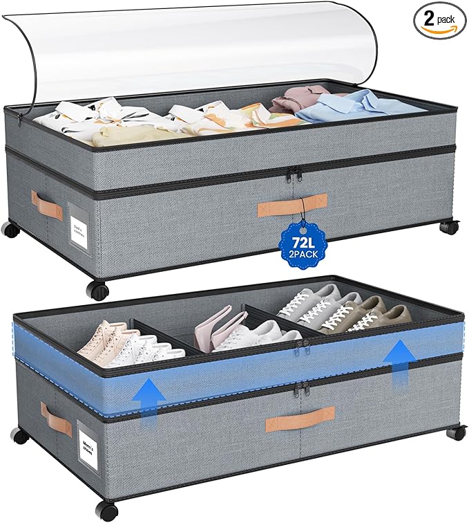 Mqaue Under Bed Storage with Wheels, 72L XXL Under the Bed Storage Containers Large, 10‘’ Tall Adjustable Storage for Underbed with Lids, Rolling for Shoes, Clothes, Blankets, Grey