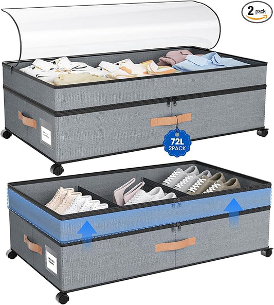 Mqaue Under Bed Storage with Wheels, 72L XXL Under the Bed Storage Containers Large, 10‘’ Tall Adjustable Storage for Underbed with Lids, Rolling for Shoes, Clothes, Blankets, Grey