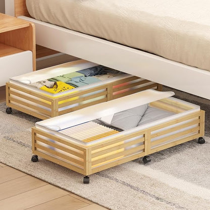Wisuce Home Under Bed Storage Containers With Wheels - 2 Pcs Large Bamboo Wood Rolling Underbed Shoe Storage Bins With Dust Bags for Clothes Blankets, Duvet Covers Snacks Toys (Natural)