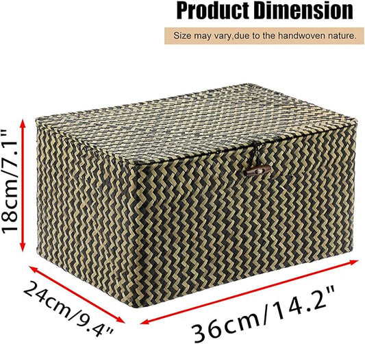 Hipiwe Wicker Shelf Baskets Bin with Lid, Handwoven Seagrass Basket Storage Bins Rectangular Household Basket Boxes for Shelf Wardrobe Home Organizer,Black,Large