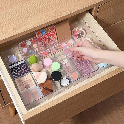 Oqqlin Expandable Acrylic Drawer Organizer, Clear Desk Drawer Organizers Tray with 8 Adjustable Compartments Multifunctional Desk Accessories for Vanity, Office, Kitchen, Bathroom