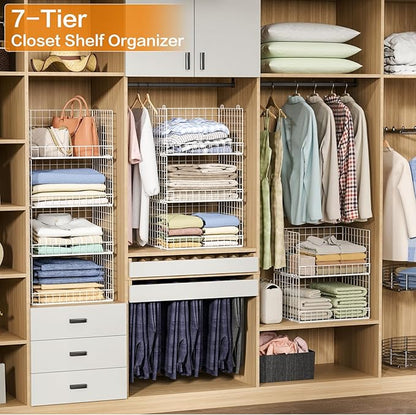 7-Tier Stackable Closet Organizers and Storage Shelves, Foldable Closet Shelf Organizer System, Stackable Storage Bins Drawers for Closet Organizer System, White(Patent Pending)