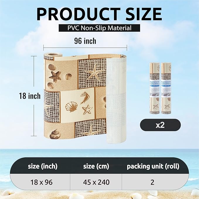 FIFTY FEET 18X96 Inch Shelf Liner for Kitchen Cabinets, PVC Drawer Liner for Dresser Non-Slip Bathroom, Non-Adhesive Cabinet Liner Washable (Beach)(2 Roll)