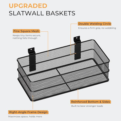 INCLY 4 Pack Upgrade Slatwall Baskets, Heavy Duty Metal Mesh Slat Wall Basket, Mounted Hanging Storage Slatwall Accessories for Garage Organizing Shop Display on Slat Wall Panels