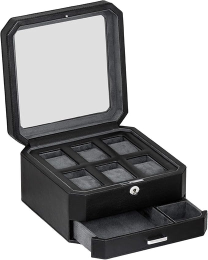 ROTHWELL 6 Slot Leather Watch Box with Valet Drawer - Luxury Watch Case Display Organizer, Microsuede Liner, Locking Mens Jewelry Watches Holder, Men's Storage Boxes With Large Glass Top (Black/Grey)