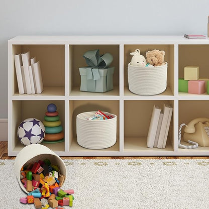 Woven Cotton Storage Baskets - 3-Pack Round Bins (10x10x7'') for Shelves, Closets & Bookcases | Durable Rope Organizers for Nursery, Baby, Toys, Easter & More (white)