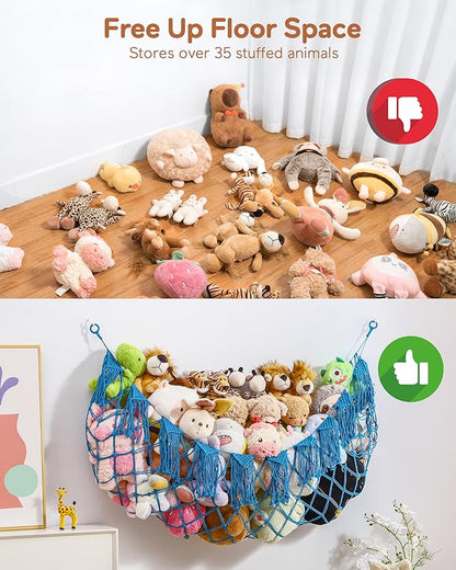 Stuffed Animal Hammock Net with Lights - Big Toy Net Hammock for Organizing Teddy Bear and Stuffy Storage, Xlarge Plushie Net for Kids Bedrooms Playroom Nursery(Blue XL)