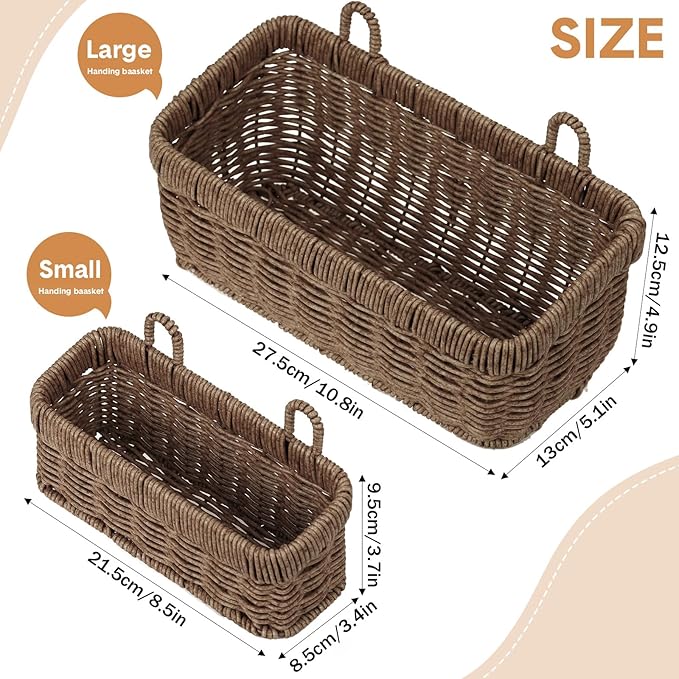 Tioncy 2 Pcs Woven Hanging Wall Baskets for Storage Boho Style Hanging Storage Plastic Woven Baskets with 4 Hooks for Kitchen Garden Living Room(Brown,Sea Grass)