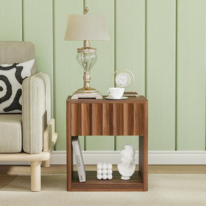 Bifins Fluted Dresser, Small Nightstands Set of 2, Walnut Bedside Table with Drawer and Storage, Mid Century Modern Side Table for Bedroom Sofa