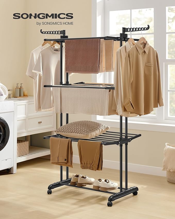 SONGMICS Clothes Drying Rack Stand 4-Tier, Foldable Laundry Drying Rack 68.1-Inch Tall, Stainless Steel, Rolling Clothes Horses Dryer Rack, Easy to Assemble, Indoor Outdoor Use, Ink Black ULLR701B01