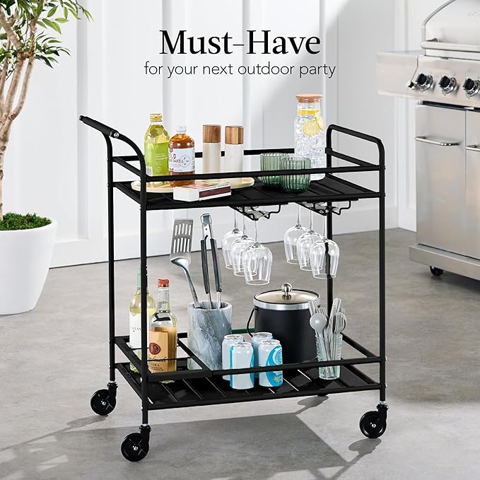 Best Choice Products Rolling Bar Cart, Mobile Home Bar Serving Cart, Serving Station w/ 2 Tier Shelves, Wine Rack, Lockable Wheels - Black