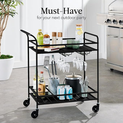 Best Choice Products Rolling Bar Cart, Mobile Home Bar Serving Cart, Serving Station w/ 2 Tier Shelves, Wine Rack, Lockable Wheels - Black
