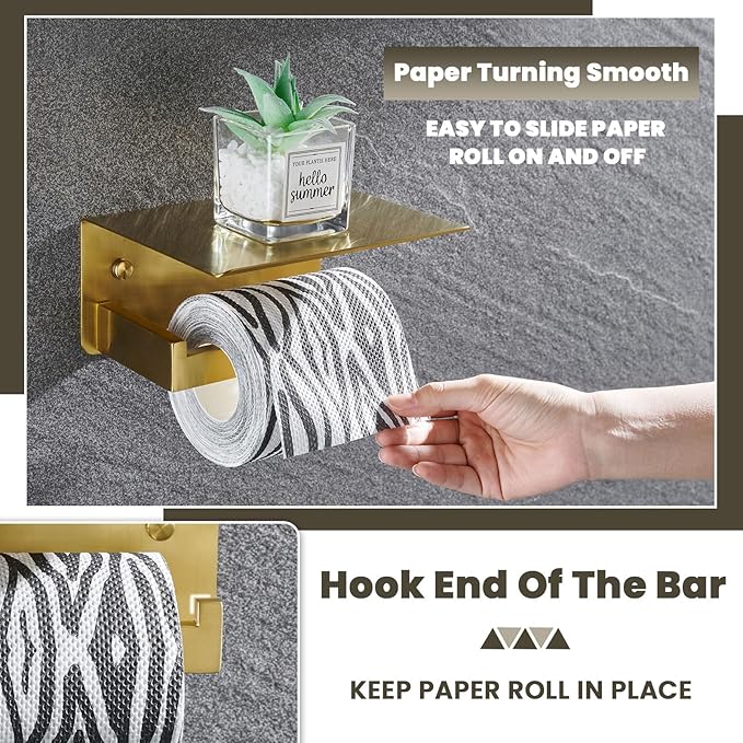 Toilet Paper Holder with Shelf, Suyar 304 Stainless Steel Wall Mount Toilet Paper Roll Holder with Phone Shelf, Brushed Gold