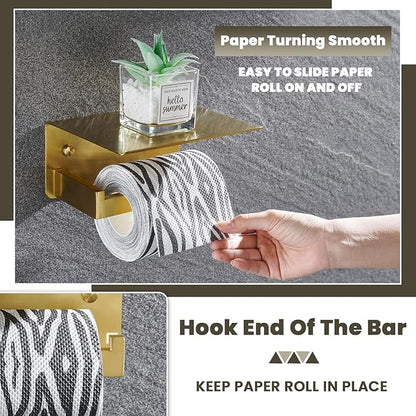 Toilet Paper Holder with Shelf, Suyar 304 Stainless Steel Wall Mount Toilet Paper Roll Holder with Phone Shelf, Brushed Gold