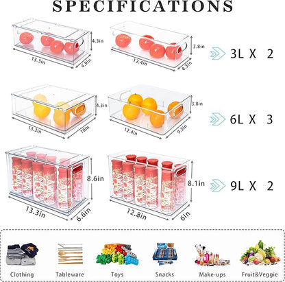 Mano Stackable Fridge Drawers Pull Out Bins with Handle Clear Refrigerator Drawers Organizer Food Storage Container Box with Dividers Plastic Produce Saver for Pantry, Cabinet, Kitchen, Clothes（7Pack）