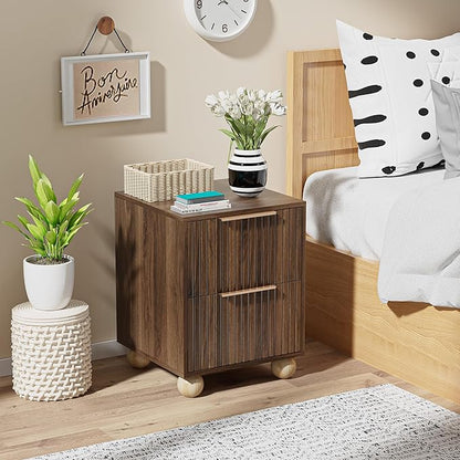 HOCAT Fluted Nightstand, Walnut Finish Bedside Table with Spacious Storage Drawers, Night Stand with Solid Wood Round Legs for Bedroom, End Table, Side Table