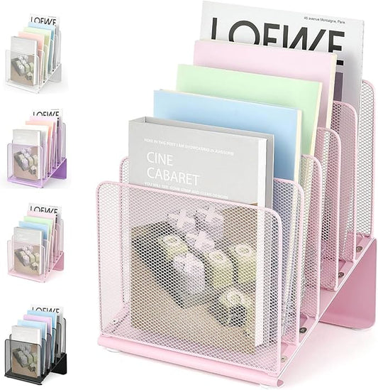 File Organizer for Desk, Desk Organizer with 5-Section Vertical File Rack, Folder Organizer,Workspace Organizers (Pink)