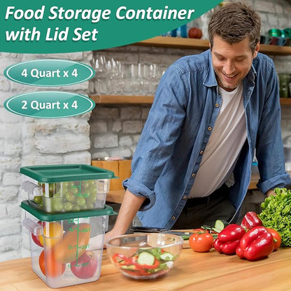 Yungyan 16 Pcs Restaurant Food Storage Containers with Lids Set 2Qt and 4Qt Commercial Restaurant Square Storage Containers Clear Food Cereal Container for Kitchen Freezer (Green Lids)