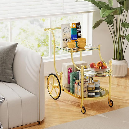 DORTALA Rolling Serving Cart, 3-Tier Metal Bar Cart with Tempered Glass, 4 Wheels Tea Serving Bar Cart for Livingroom, Kitchen, Gold