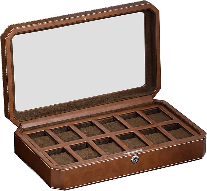 ROTHWELL 12 Slot Leather Watch Box - Luxury Watch Case Display Organizer, Microsuede Liner, Locking Mens Jewelry Watches Holder, Men's Storage Boxes Holder Large Glass Top (Tan/Brown)