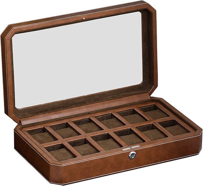 ROTHWELL 12 Slot Leather Watch Box - Luxury Watch Case Display Organizer, Microsuede Liner, Locking Mens Jewelry Watches Holder, Men's Storage Boxes Holder Large Glass Top (Tan/Brown)