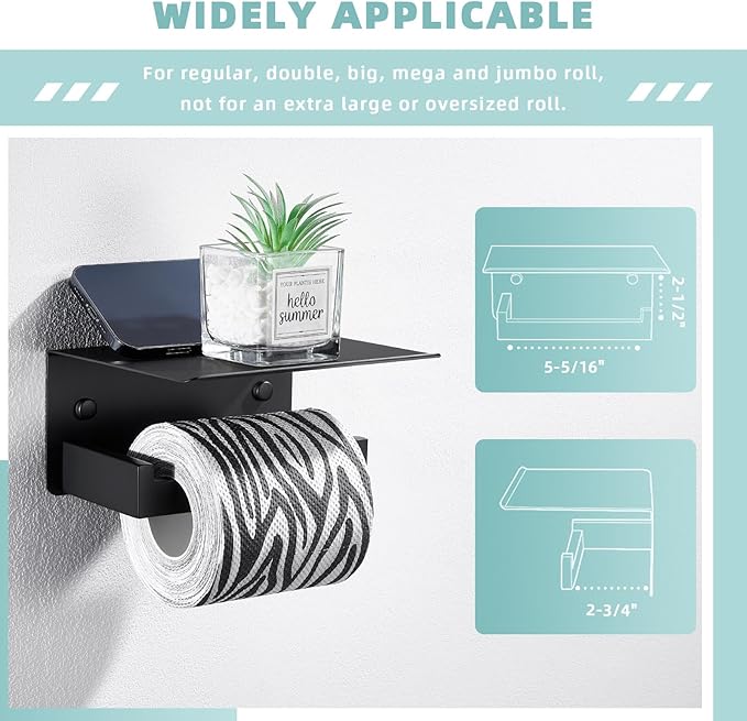 Suyar Toilet Paper Holder with Shelf Matte Black, SUS 304 Stainless Steel Wall Mounted Tissue Holder Phone Shelf for Bathroom