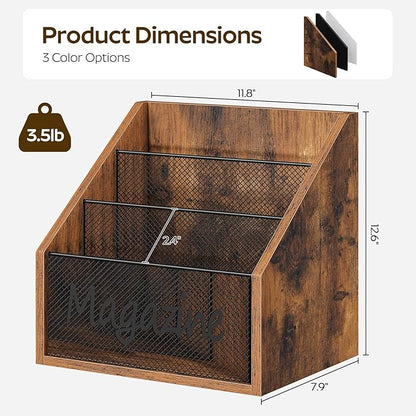 Magazine Holder, Wood Magazine Rack Floor, Mail Organizer Countertop, Magazine Mail Holder Sorter, Record Holder for Magazines, Books, Newspapers, Tablets, Rustic Brown and Black MR02BR