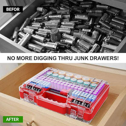 Battery Organizer Storage Case with Tester, Ultra-Large 265+ Double-Sided Batteries Container with Handle, Holds AA AAA 4A 23A C D Cell 3V 9V Lithium CR3 4LR44 CR123A 18650 (Red)