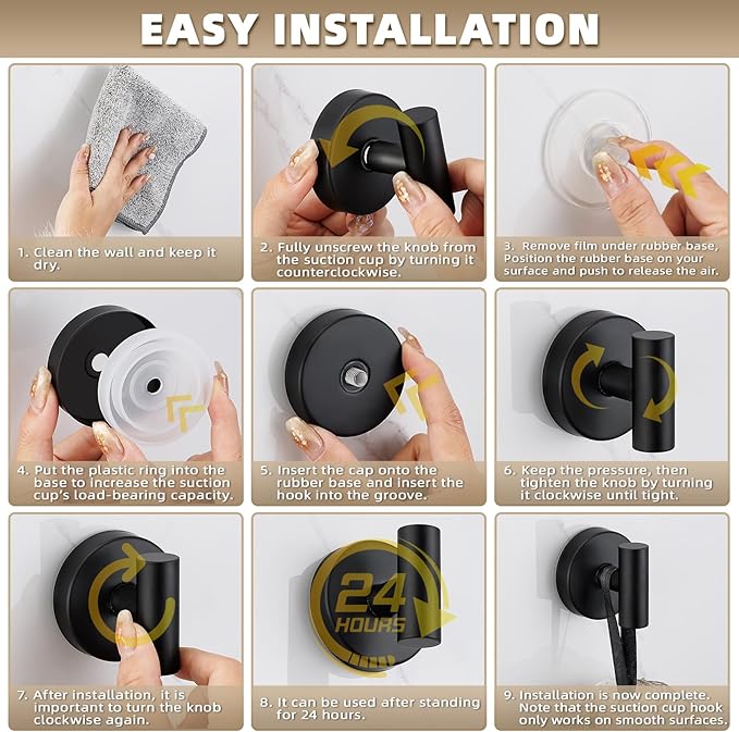 Fenas Suction Cup Hooks for Shower - Bathroom Reusable Hooks for Towels, Robes & Loofah - No-Drill Mounting on Kitchen,Walls,Metal,Glass,Mirrors,Tile & Smooth Non-Porous Surfaces (2, Matte Black)