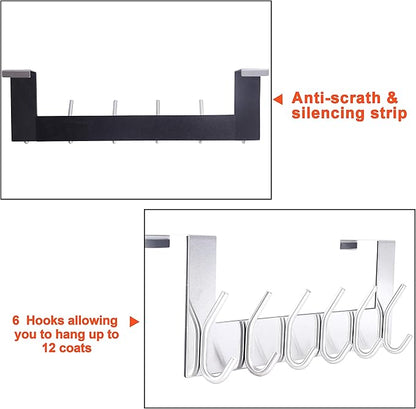 SKOLOO Over The Door Hook - 6 Hooks, No Assembly Required, Stainless Steel Door Hooks, Over Door Coat Rack for Hanging Coats Clothes Hats Robes, Silver, Pack of 2
