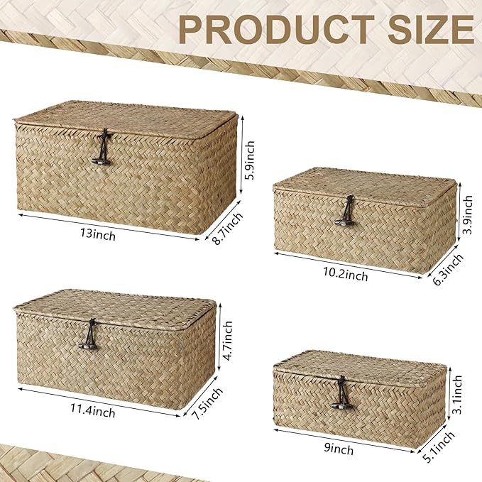 Woanger Set of 4 Wicker Storage Baskets Organizer，Handwoven Storage Bins with Lid for Organizing, Home Utility Box for Home Office Supplies Multipurpose Container(Natural Color)