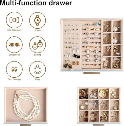 Frebeauty Clear Lid Jewelry Box,3-Layer Jewelry Organizer with Drawer,PU Leather Jewelry Organizers and Storage,Jewelry Boxes for Women,Jewelry Storage for Rings Earring Stud,Gift for Women(Sky Blue)