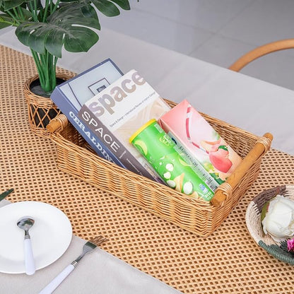 YAHUAN Woven Wicker Storage Basket Wicker Tray Shallow Basket Organizing 16.54L x 11.02W x4.72H in (Wicker)
