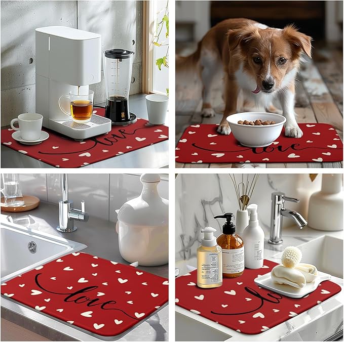 Wnoesat Valentines Day Dish Drying Mat 18x24 Inch Valentine Red Love Heart Drying Mats for Kitchen Counter Super Absorbent Microfiber Medium Dish Drying Pad Heat Resistant Dish Draining Rack Mat