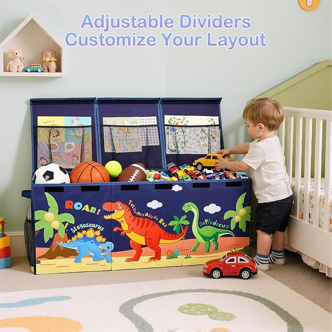 Unicorn Castle Toy Box with Adjustable Divider Toy Chest Storage Large Toy Storage Organizer Bin Collapsible with Lid Pockets for Nursery Playroom,Dark Blue Dinosaur