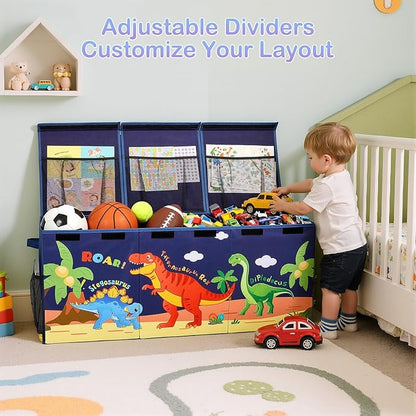 Unicorn Castle Toy Box with Adjustable Divider Toy Chest Storage Large Toy Storage Organizer Bin Collapsible with Lid Pockets for Nursery Playroom,Dark Blue Dinosaur