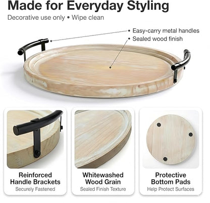 Decorative Round Tray with Bead Garland, 13 Inch Whitewashed Farmhouse Coffee Table Centerpiece, Wooden Decor Tray with Handles for Kitchen Island & Entryway