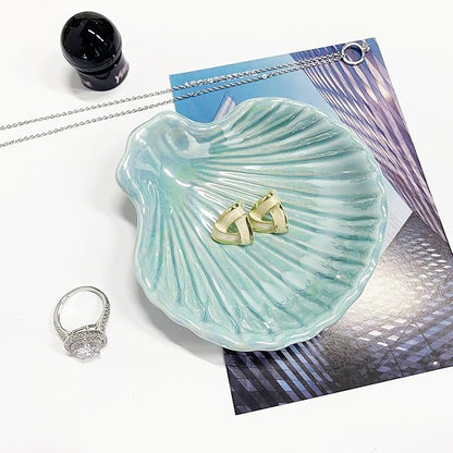 GO2HEJING Ring Dish Shell Shape Ceramic Jewelry Dish Tray, Decorative Trinket Dish Organizing Rings Earrings Necklaces Keys for Mom Friend Sister, 3.9", Blue Iridescent Surface