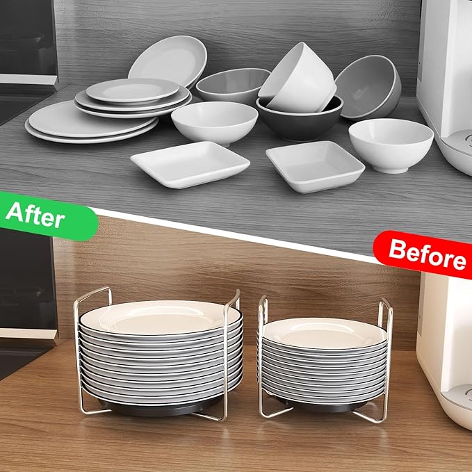 Adjustable Dish Rack for Kitchen Counter - Bamboo Plate Holder Organizer for Cabinet Wooden Bowl Organizer Stainless Steel Plate Stand Storage for Kitchen Drawer Countertop Cupboard Shelf RV