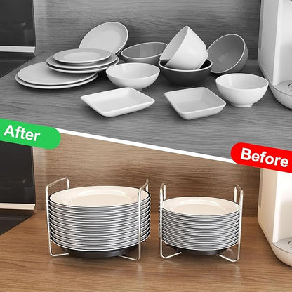 Adjustable Dish Rack for Kitchen Counter - Bamboo Plate Holder Organizer for Cabinet Wooden Bowl Organizer Stainless Steel Plate Stand Storage for Kitchen Drawer Countertop Cupboard Shelf RV