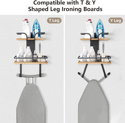 VINAEMO Ironing Board Hanger Wall Mount, 2-Layer Iron and Ironing Board Holder, Laundry Room Shelves Solid Wood with Removable Hooks Home Organization and Storage