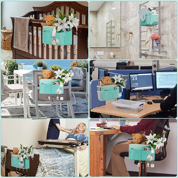 Frjjthchy Bedside Storage Organizer 5 Pockets with 4 Hooks Hanging Storage Bag for Headboards/Bunk Bed (Light Green)