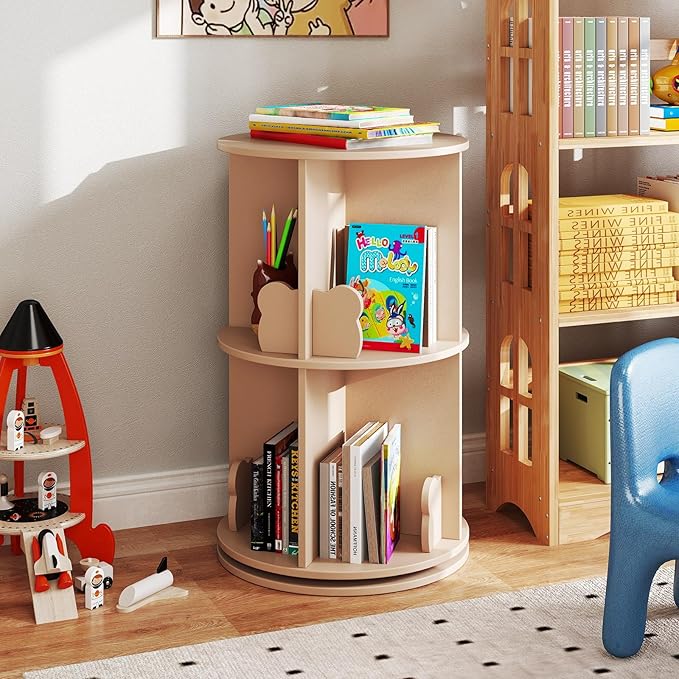 Costzon Kids Rotating Bookshelf, 2 Tier Small Book Shelf with Bookends, 360° Display Spinning Bookshelf Tower, Corner Bookshelf for Small Space, Kids Room, Bedroom, Nursery (Coffee)