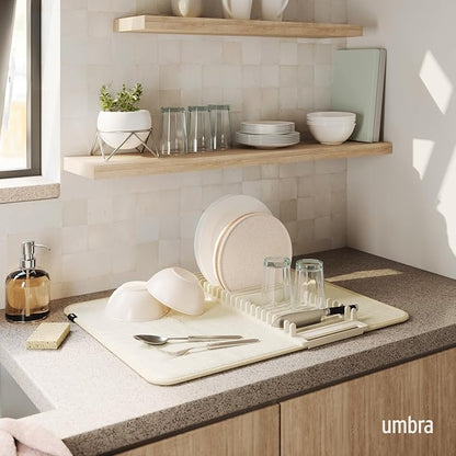 Umbra 330720-354 UDRY Rack and Microfiber Dish Drying Mat-Space-Saving Lightweight Design Folds Up for Easy Storage, Standard, Linen